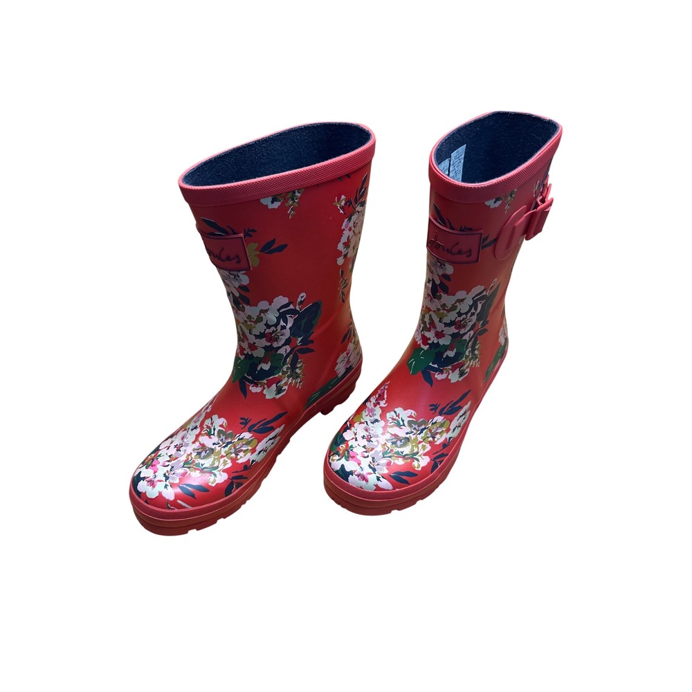 Joules Molly Welly Red Floral Rain Boots Womens Size 7 Mid Height Waterproof